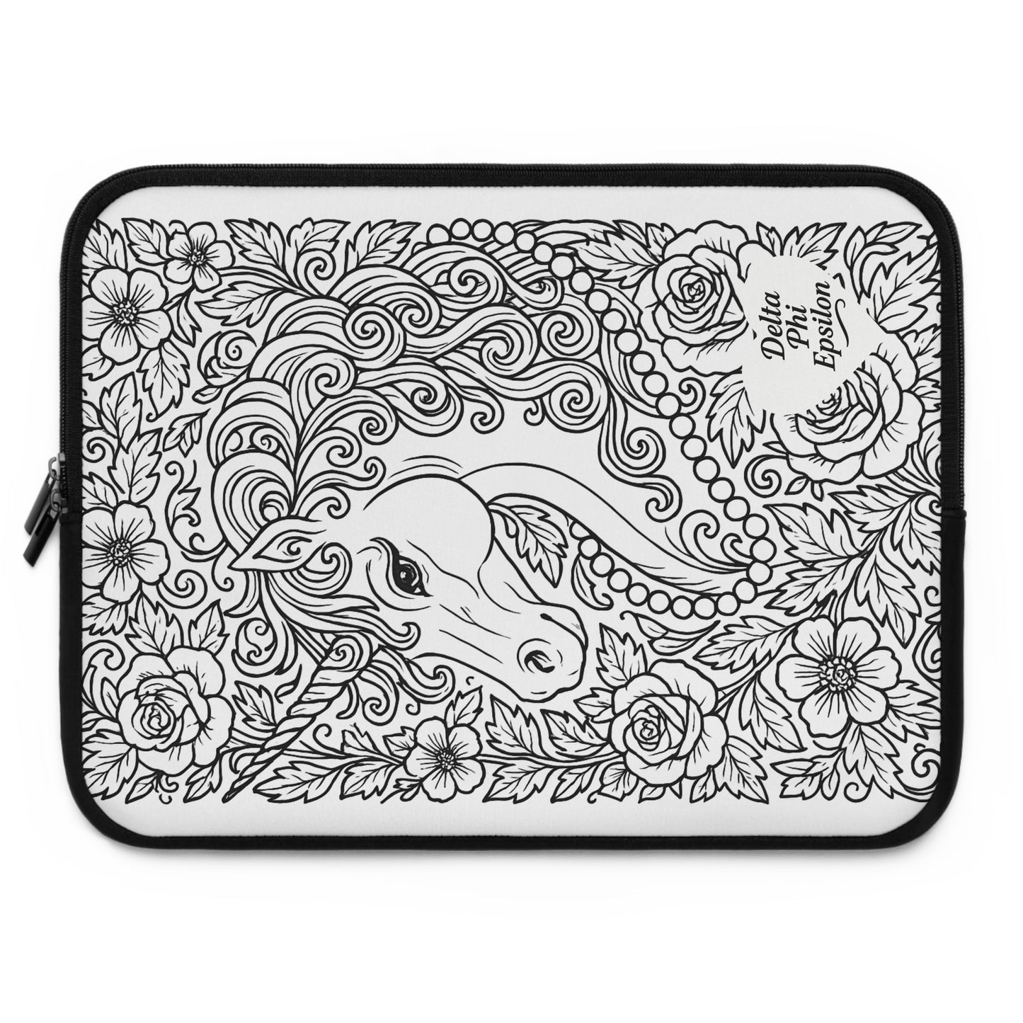 Delta Phi Epsilon Unicorn Laptop Sleeve — Black & White Decorative Protective Case