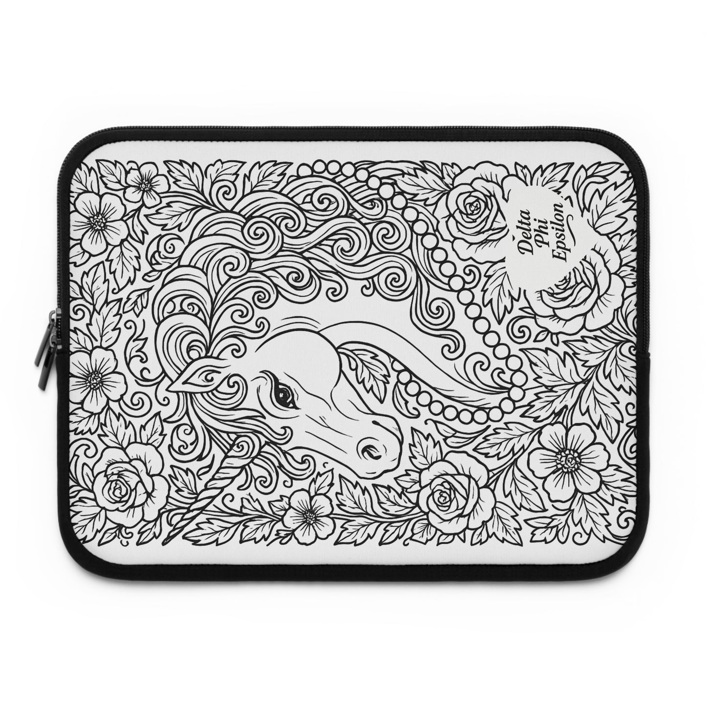 Delta Phi Epsilon Unicorn Laptop Sleeve — Black & White Decorative Protective Case