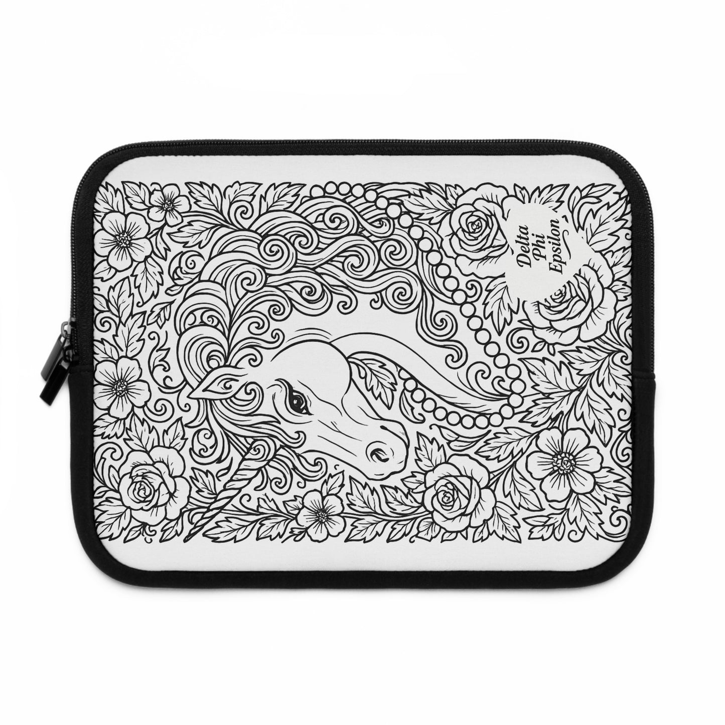Delta Phi Epsilon Unicorn Laptop Sleeve — Black & White Decorative Protective Case