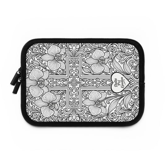 Delta Psi Epsilon Cross and Orchid Laptop Sleeve — Black & White Decorative Protective Case
