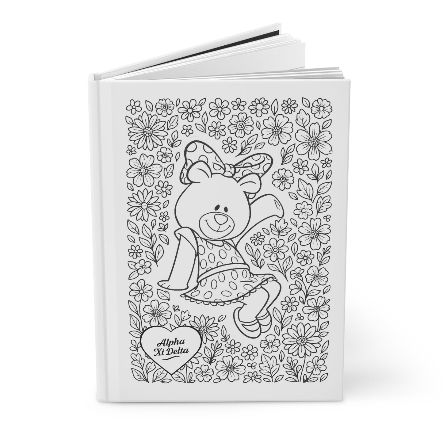Alpha Xi Delta Hardcover Journal — Floral Coloring BetXi Bear Design (Alpha Xi Delta Heart)