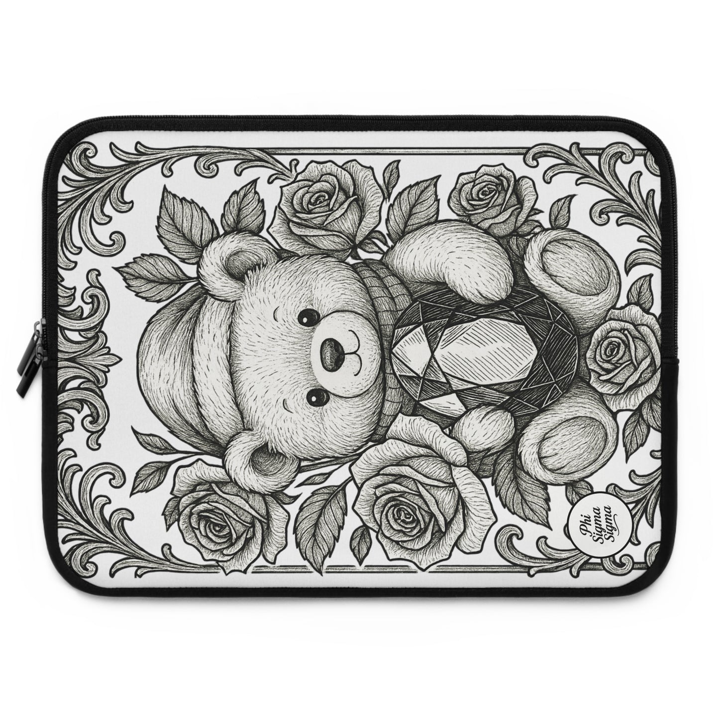 Phi Sigma Sigma Bear and Sapphire Laptop Sleeve — Black & White Decorative Protective Case