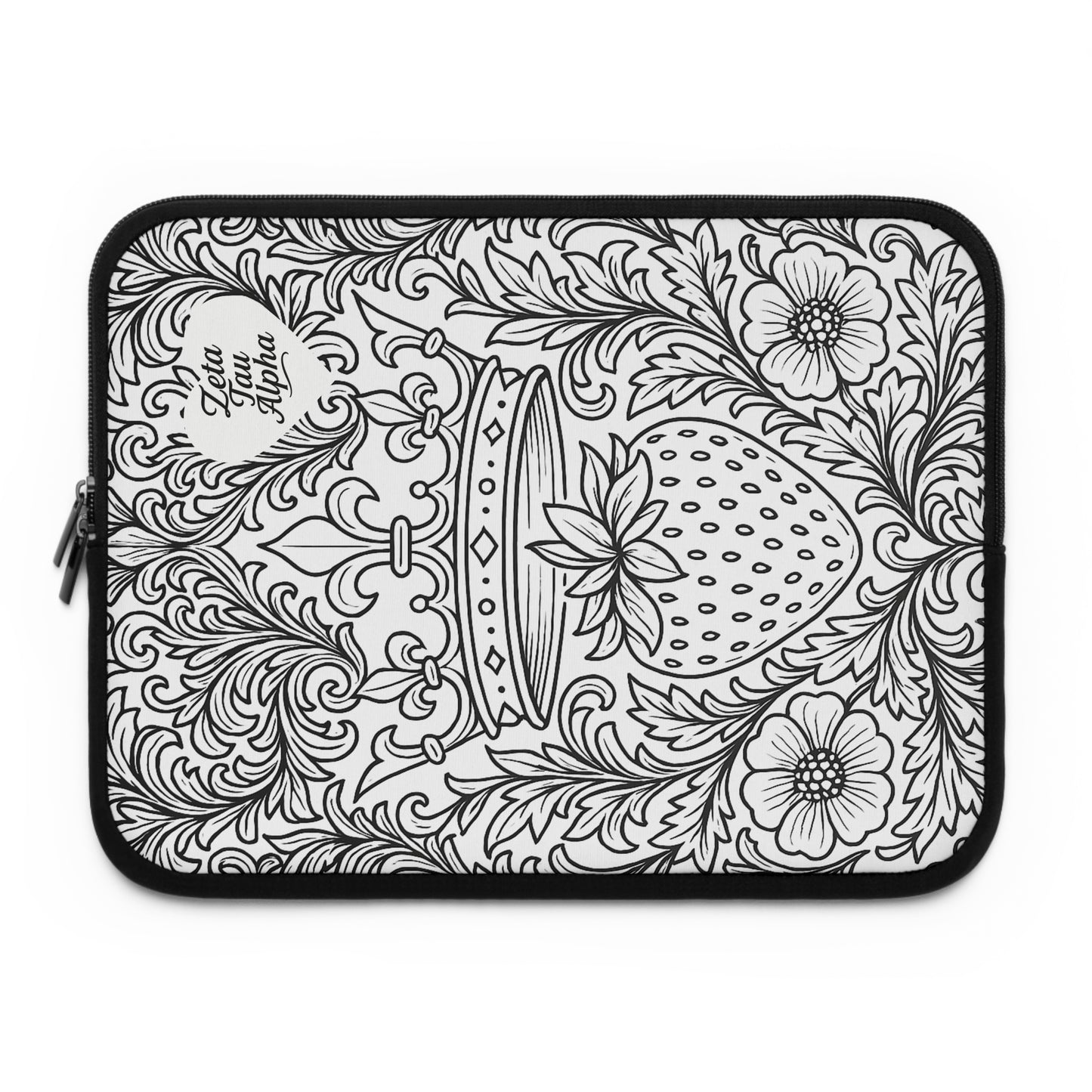 Zeta Tau Alpha Crown and Strawberry Laptop Sleeve — Black & White Decorative Protective Case