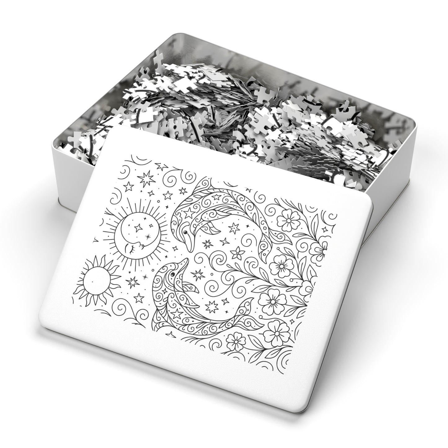 Adult Coloring Dolphin Jigsaw Puzzle with Tin – Mindfulness Puzzle for Stress Relief & Gifts