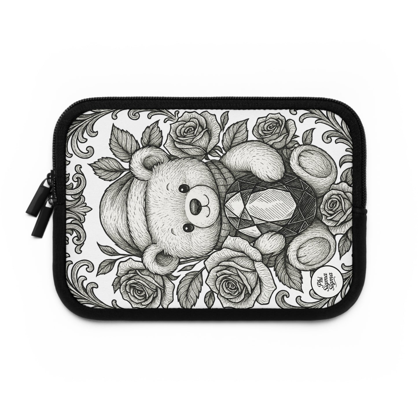 Phi Sigma Sigma Bear and Sapphire Laptop Sleeve — Black & White Decorative Protective Case