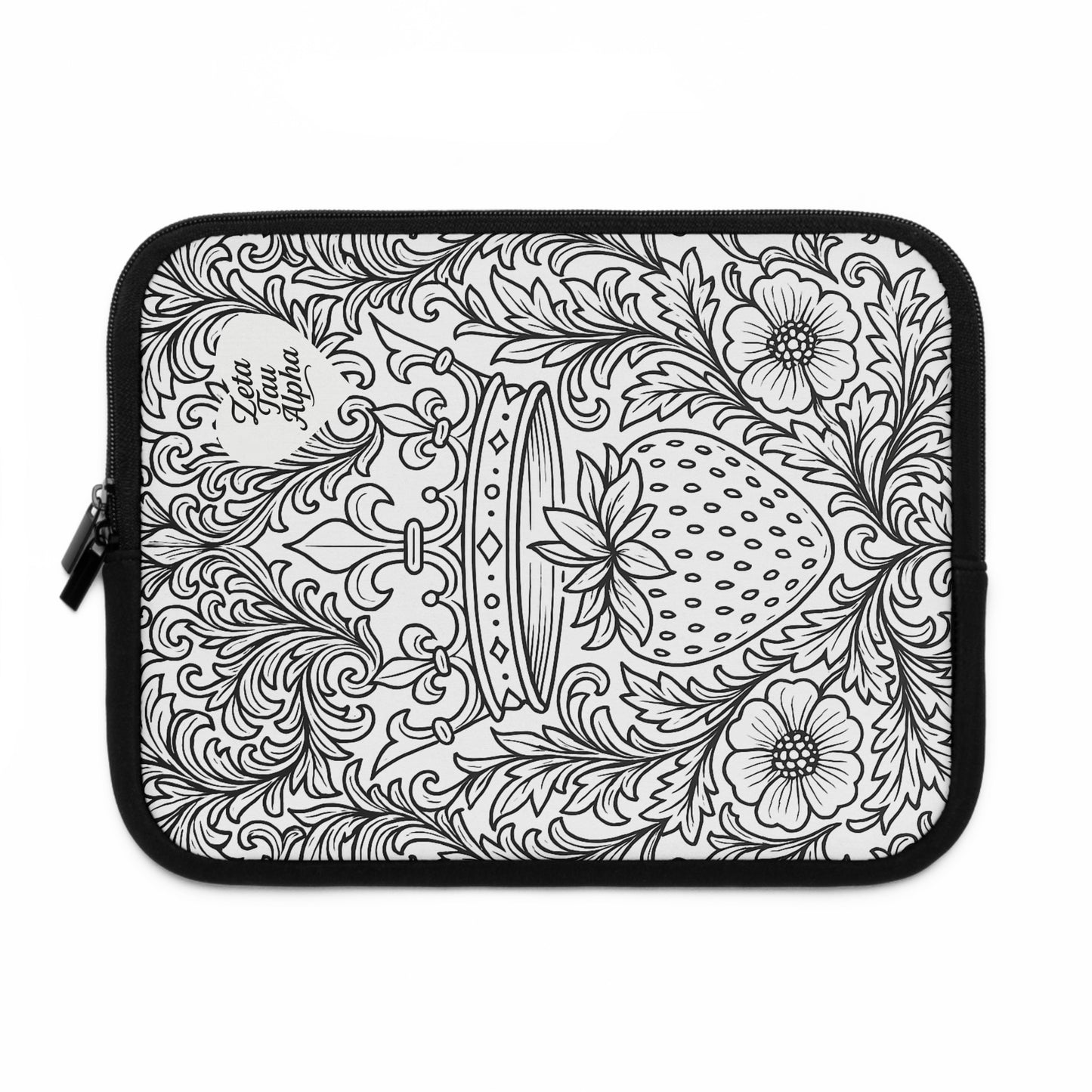 Zeta Tau Alpha Crown and Strawberry Laptop Sleeve — Black & White Decorative Protective Case