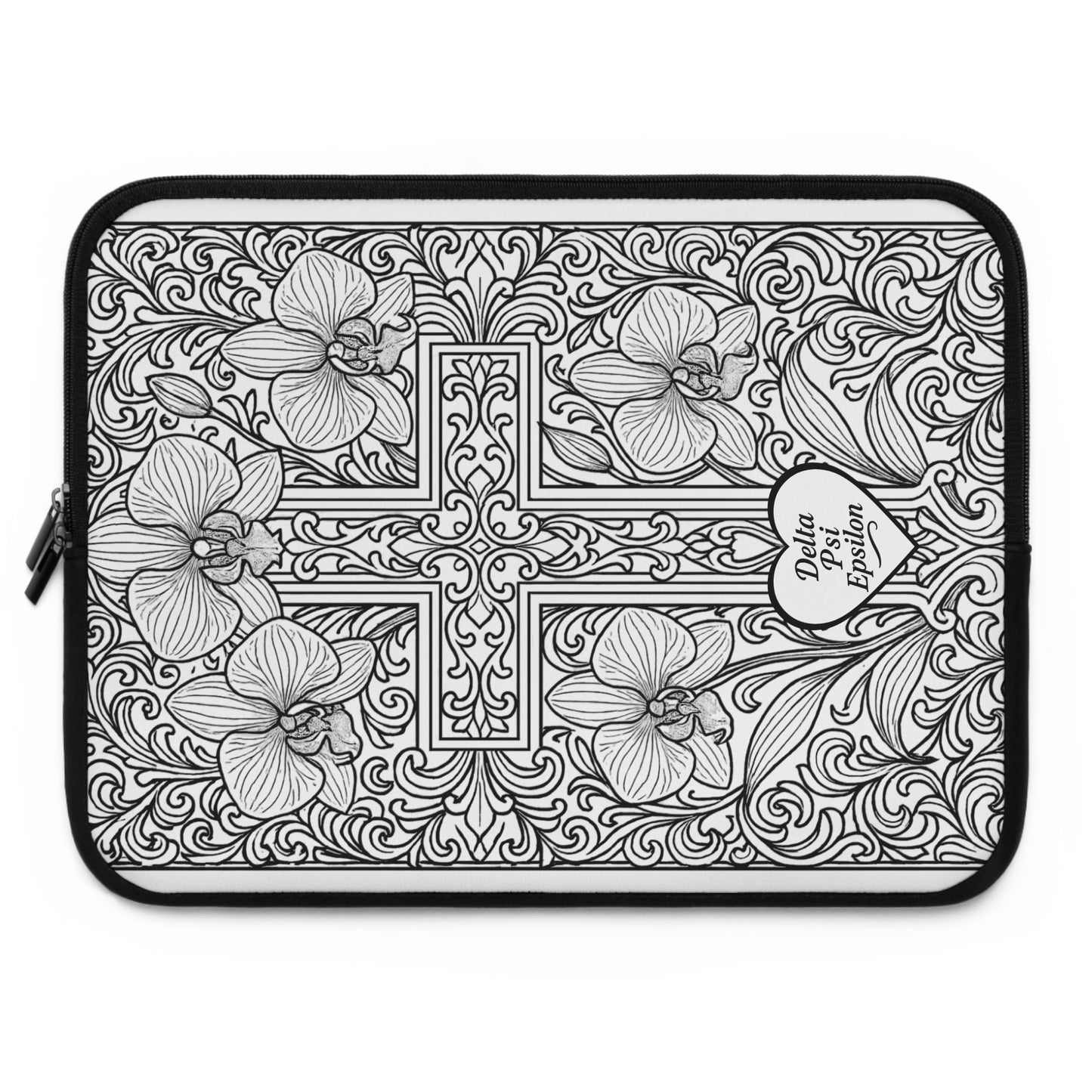 Delta Psi Epsilon Cross and Orchid Laptop Sleeve — Black & White Decorative Protective Case