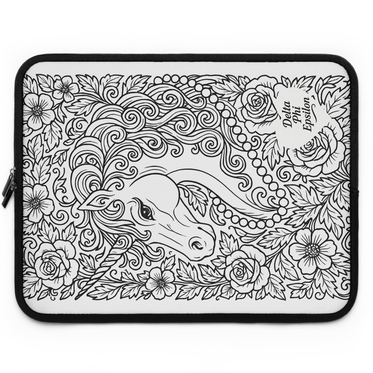 Delta Phi Epsilon Unicorn Laptop Sleeve — Black & White Decorative Protective Case
