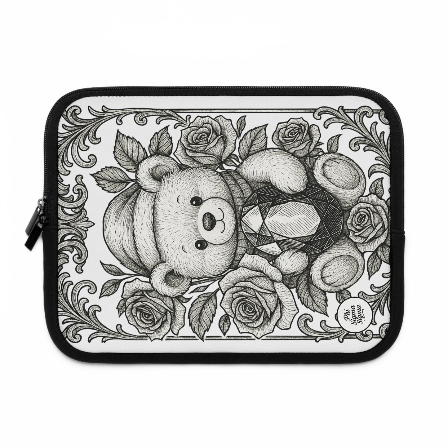 Phi Sigma Sigma Bear and Sapphire Laptop Sleeve — Black & White Decorative Protective Case