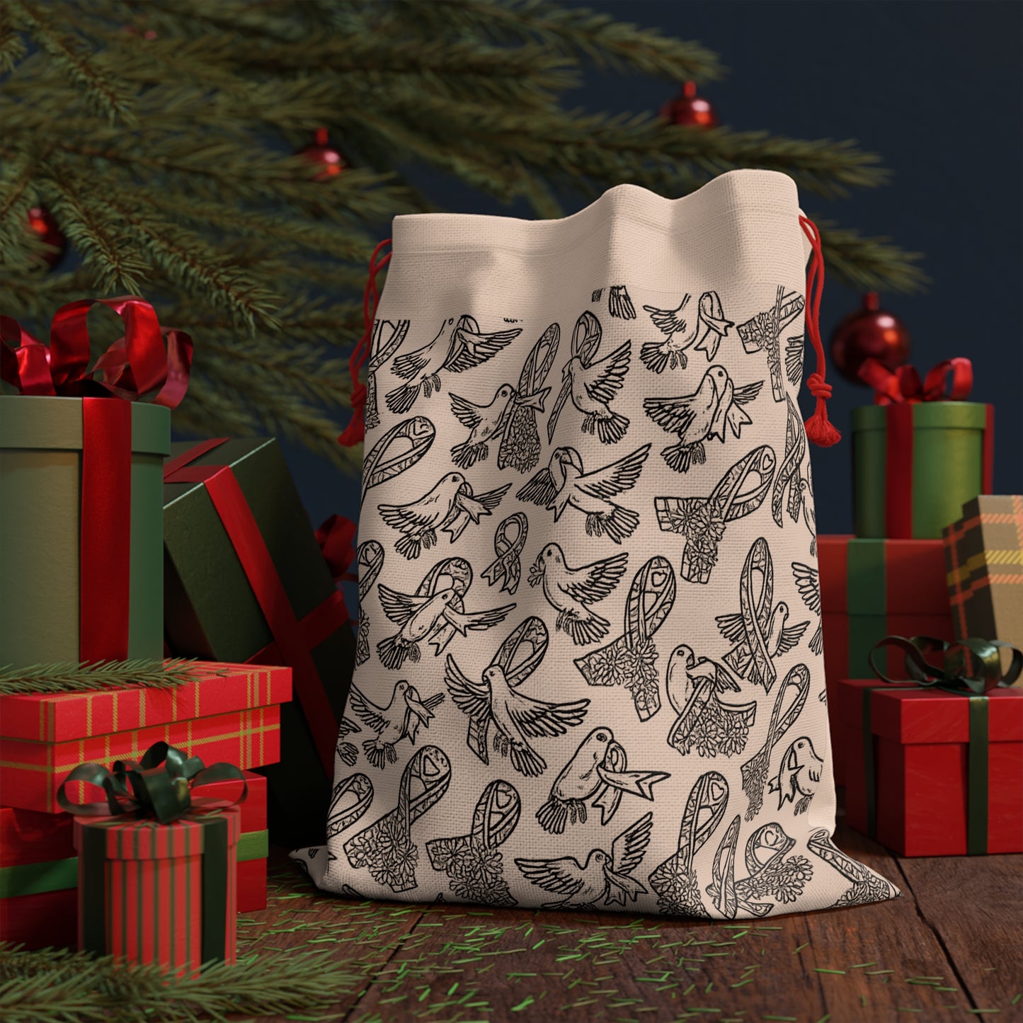 19.7" x 26" Large Reusable Gift Bag - Survivor Ribbons and Birds Line Art Design
