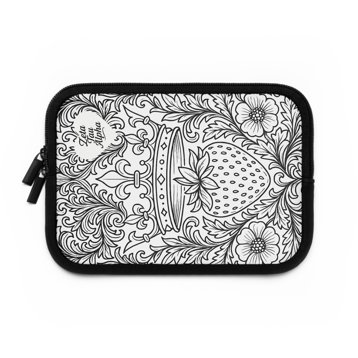 Zeta Tau Alpha Crown and Strawberry Laptop Sleeve — Black & White Decorative Protective Case