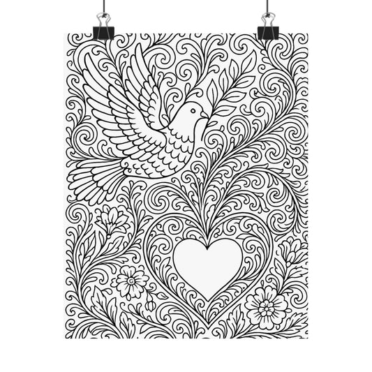Colorable Dove and Heart Poster