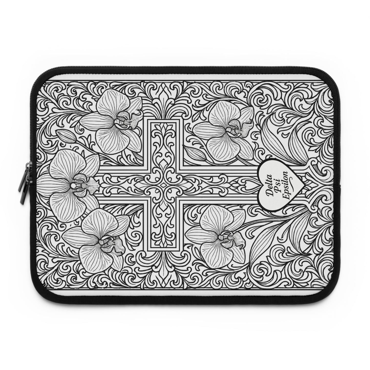 Delta Psi Epsilon Cross and Orchid Laptop Sleeve — Black & White Decorative Protective Case