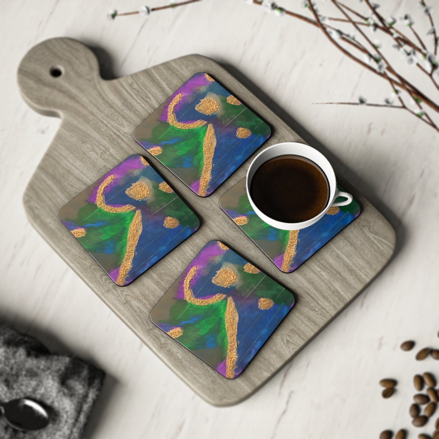 Corkwood Coaster Set - by Cancer Survivor artist Courtney Trombka, entitled "Peace through Chaos"