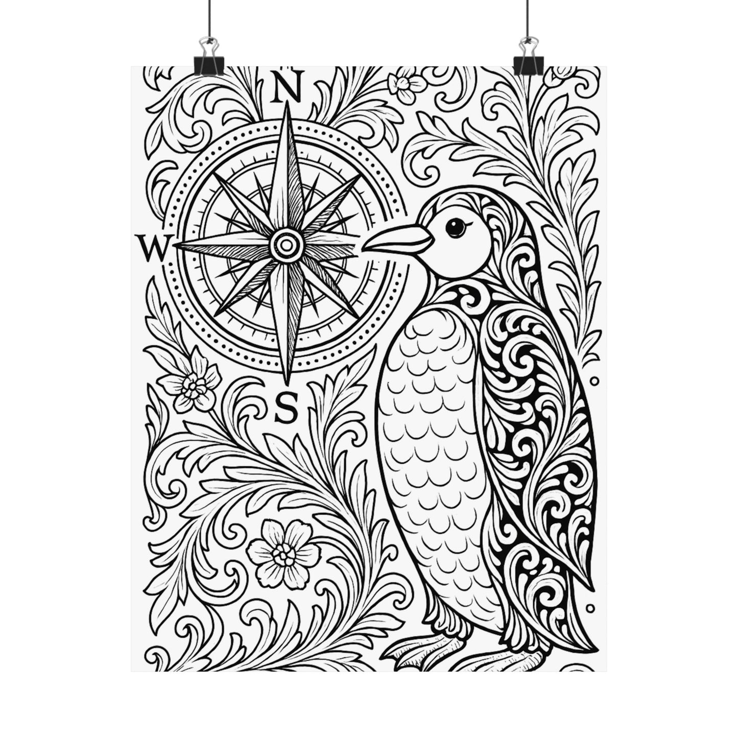 Colorable Penguin and Compass Poster