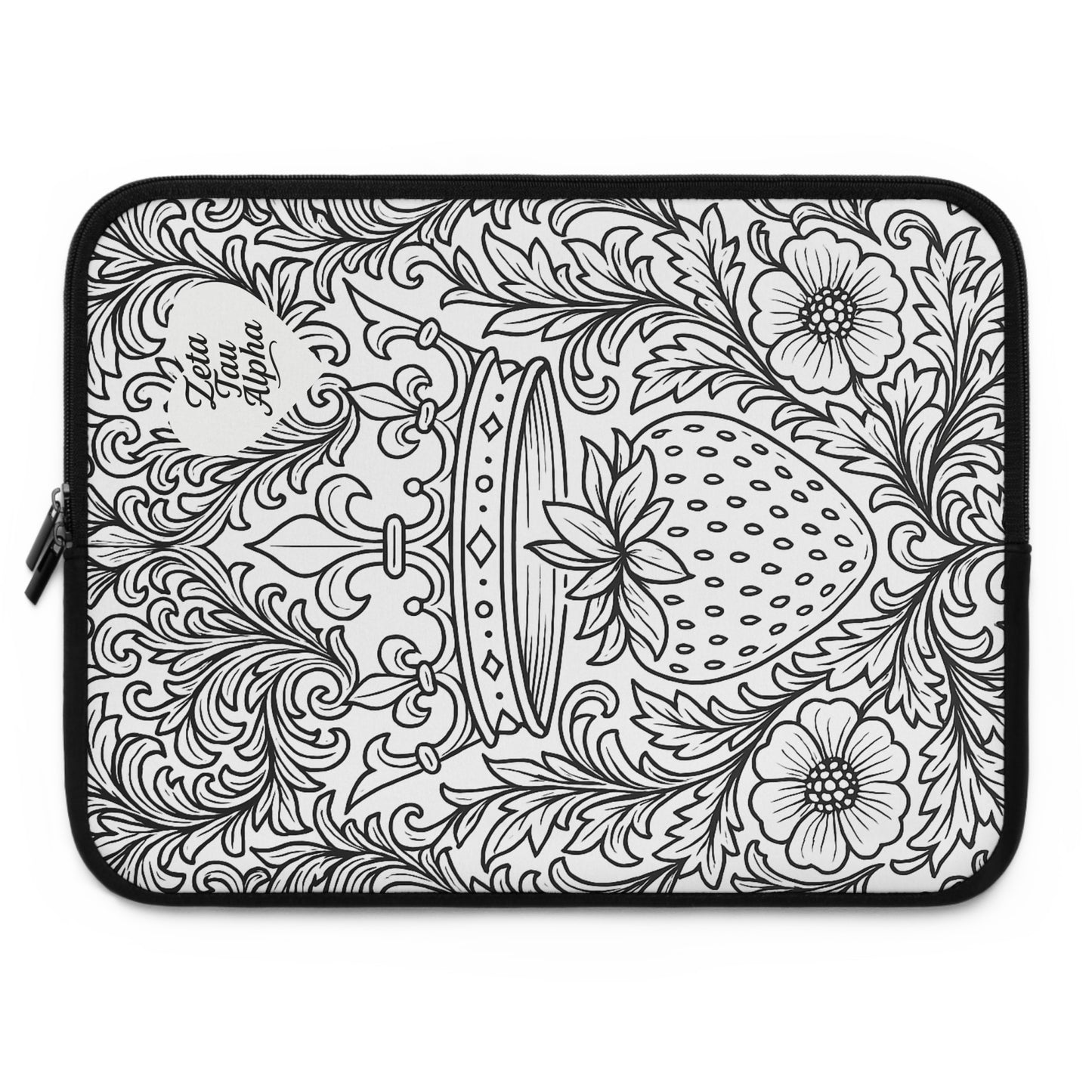Zeta Tau Alpha Crown and Strawberry Laptop Sleeve — Black & White Decorative Protective Case