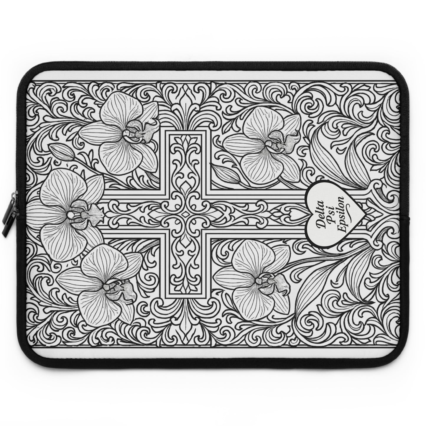 Delta Psi Epsilon Cross and Orchid Laptop Sleeve — Black & White Decorative Protective Case