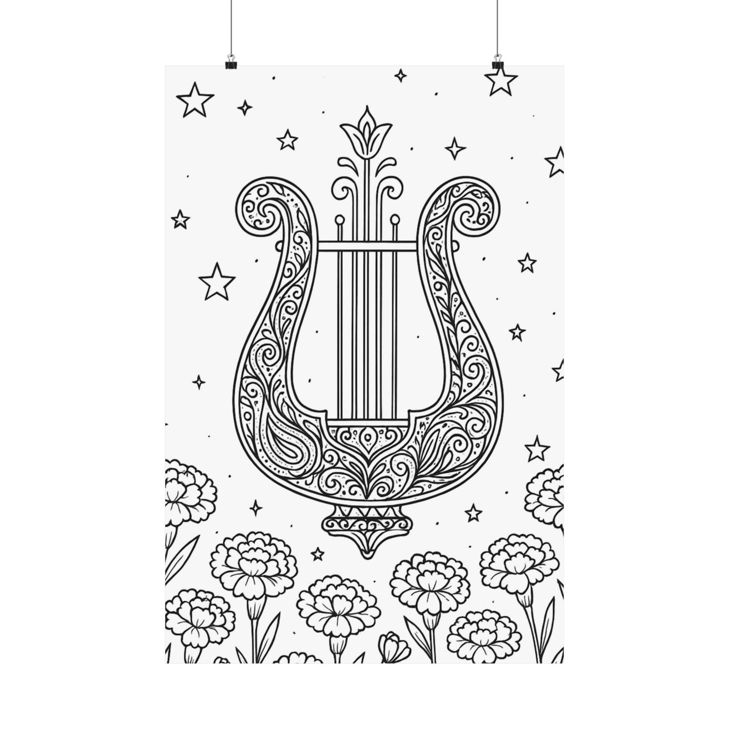 Colorable Lyre and Carnations Poster
