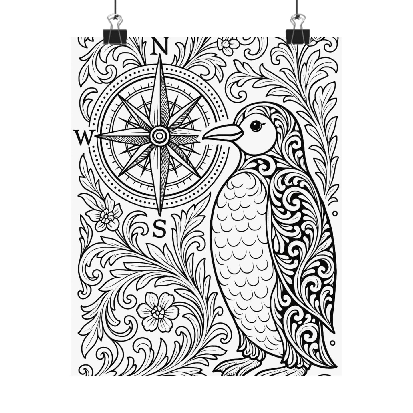 Colorable Penguin and Compass Poster