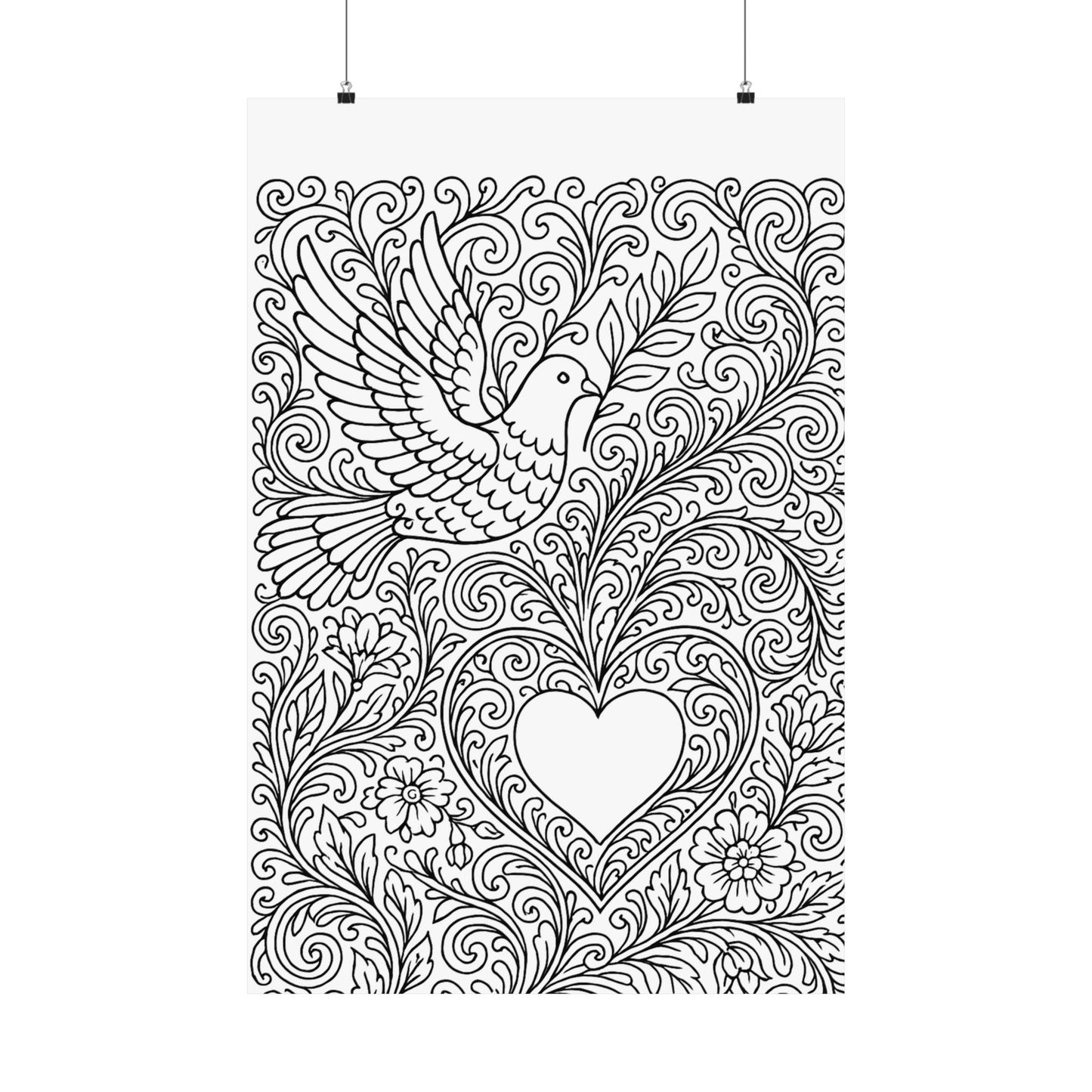Colorable Dove and Heart Poster