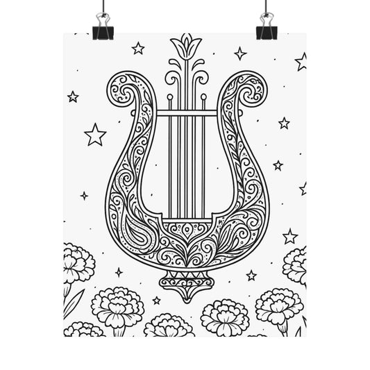 Colorable Lyre and Carnations Poster