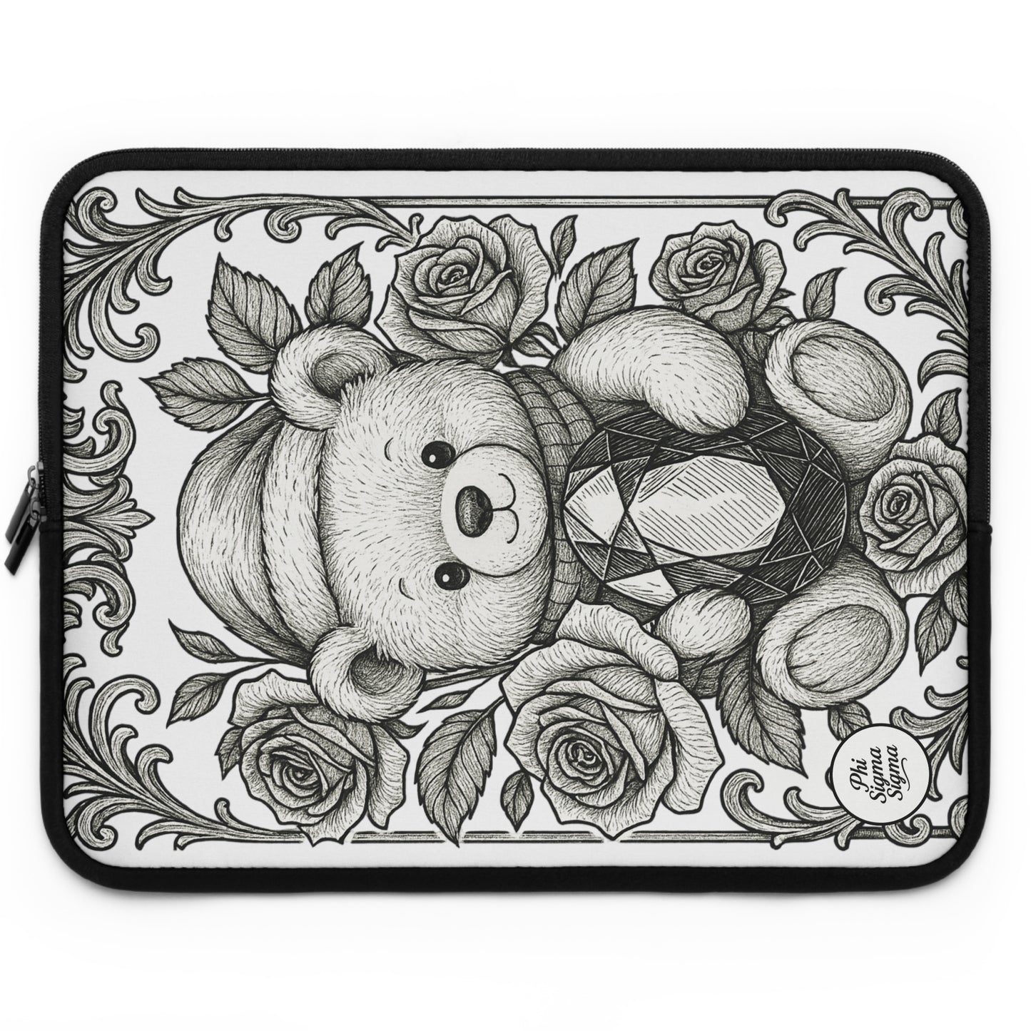 Phi Sigma Sigma Bear and Sapphire Laptop Sleeve — Black & White Decorative Protective Case