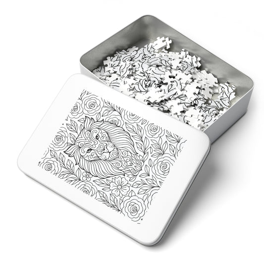 Adult Coloring Lion Jigsaw Puzzle with Tin – Mindfulness Puzzle for Stress Relief & Gifts