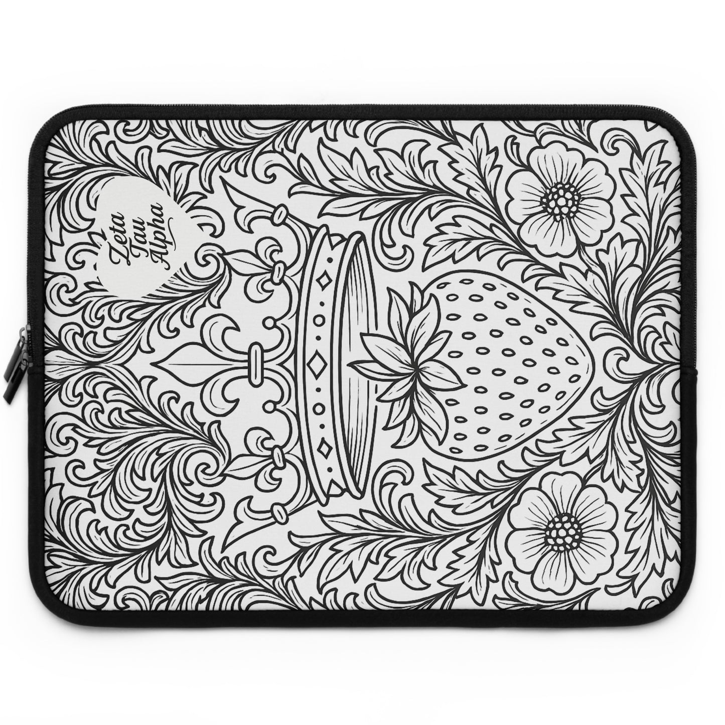 Zeta Tau Alpha Crown and Strawberry Laptop Sleeve — Black & White Decorative Protective Case